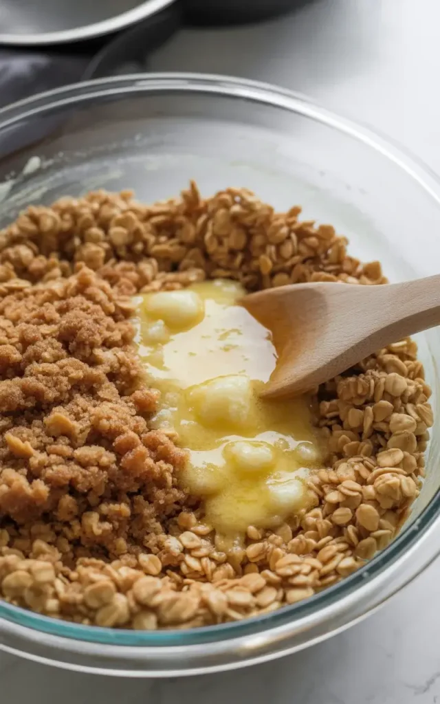 Golden oat crumble mixture with brown sugar and melted butter combined