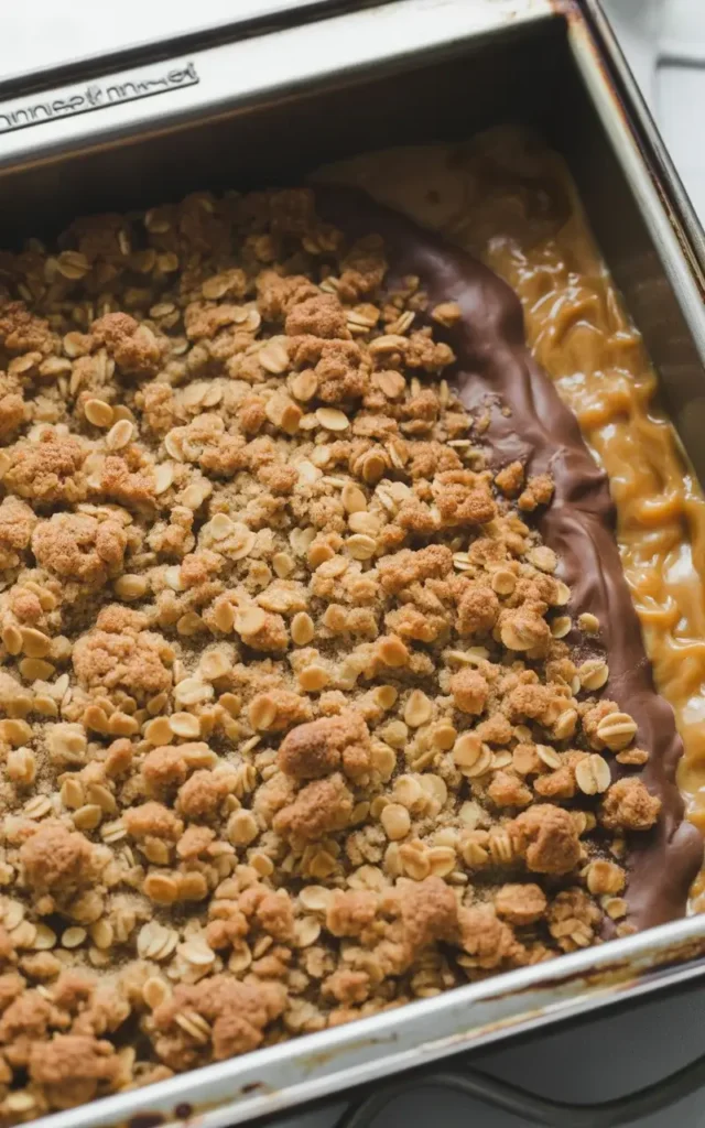 Golden oat topping with caramel bubbling at the edges after baking