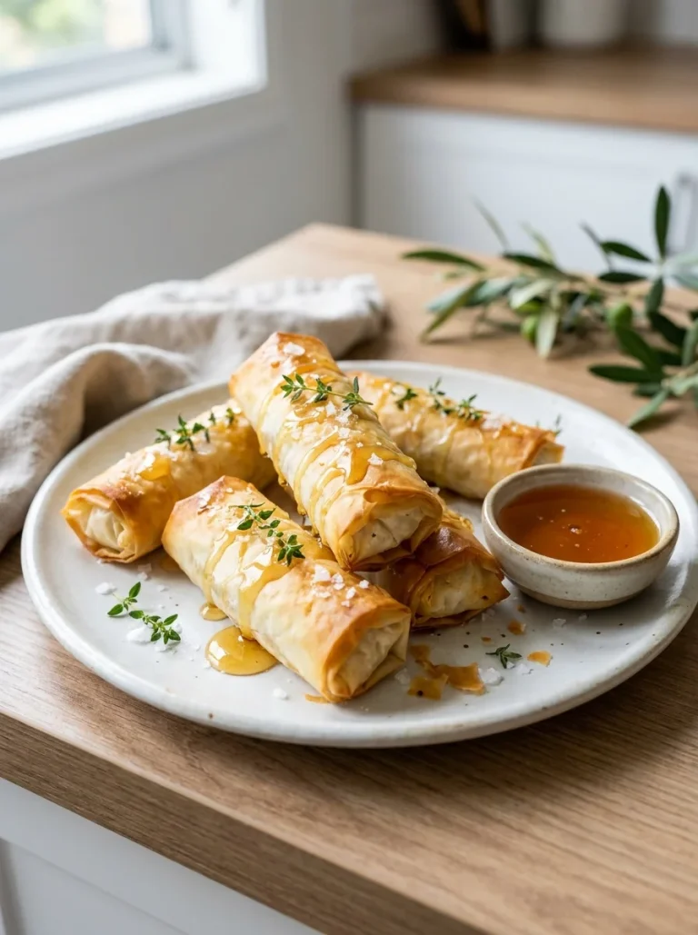 Golden oven fried feta rolls drizzled with honey, broken open to show the warm creamy center