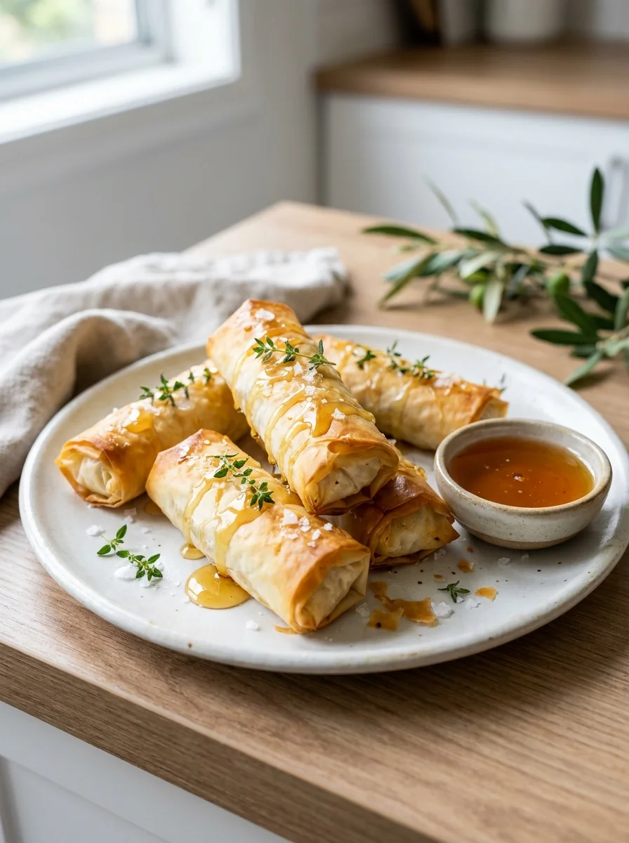 Golden oven fried feta rolls drizzled with honey, broken open to show the warm creamy center