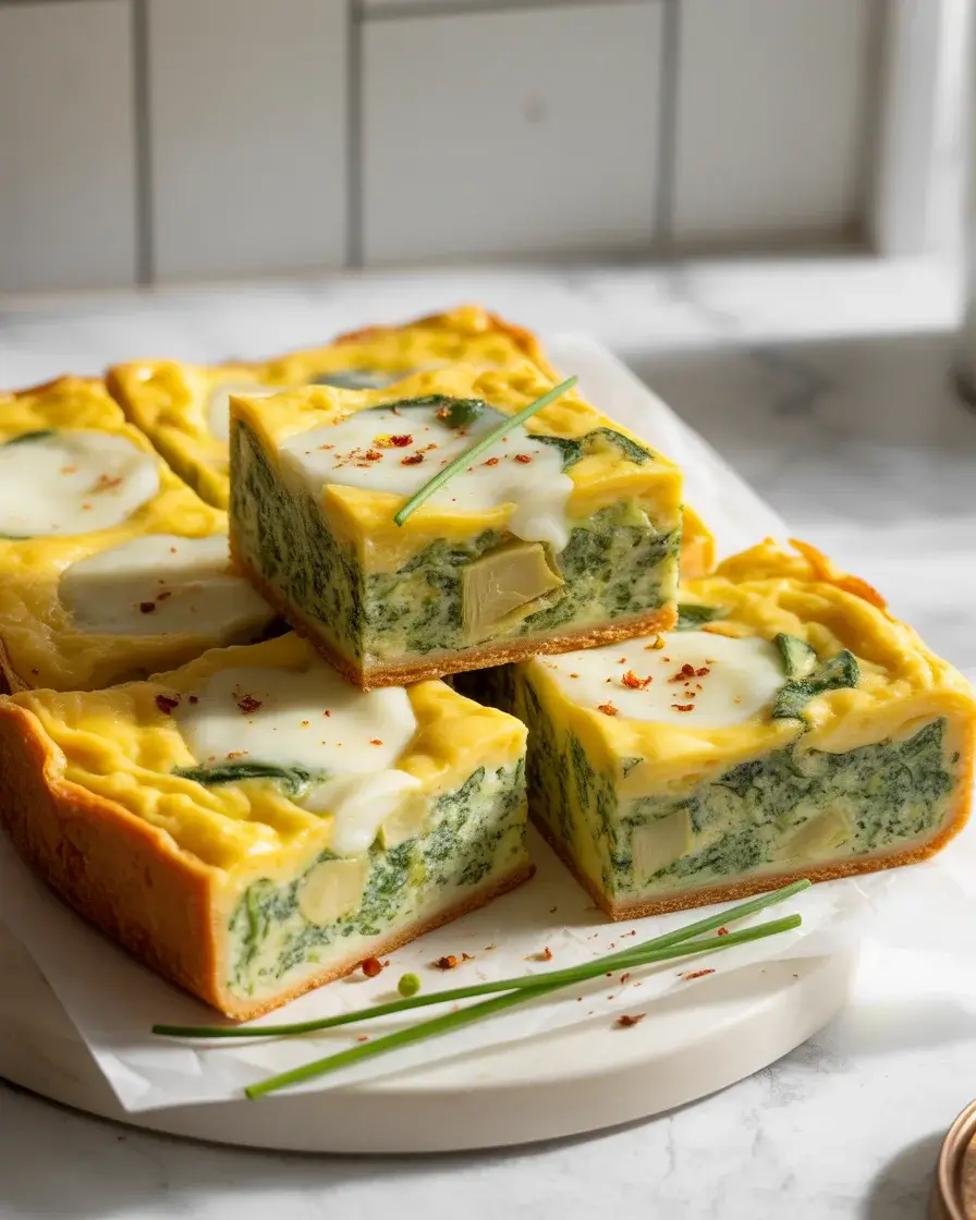 Golden spinach and artichoke egg bars sliced and served with fresh chive garnish