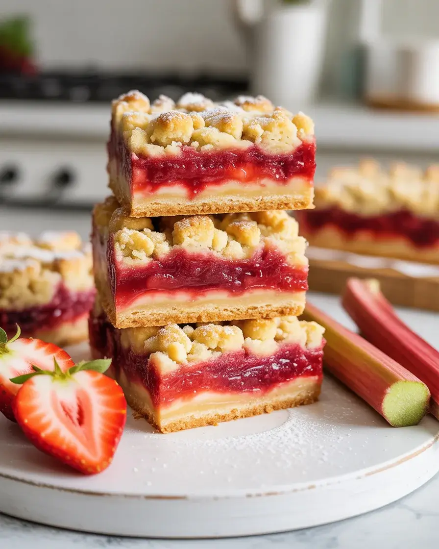 Golden strawberry rhubarb crumb bars with ruby red jammy filling and buttery crumble topping