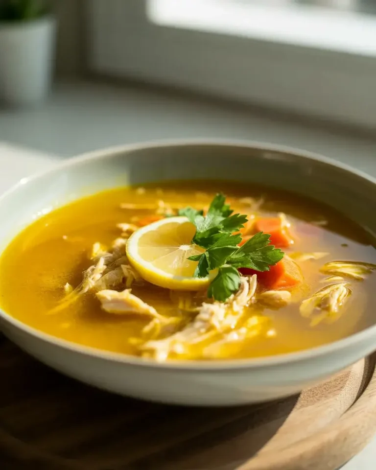 Golden turmeric chicken soup with shredded chicken, chickpeas, and fresh parsley in a white bowl