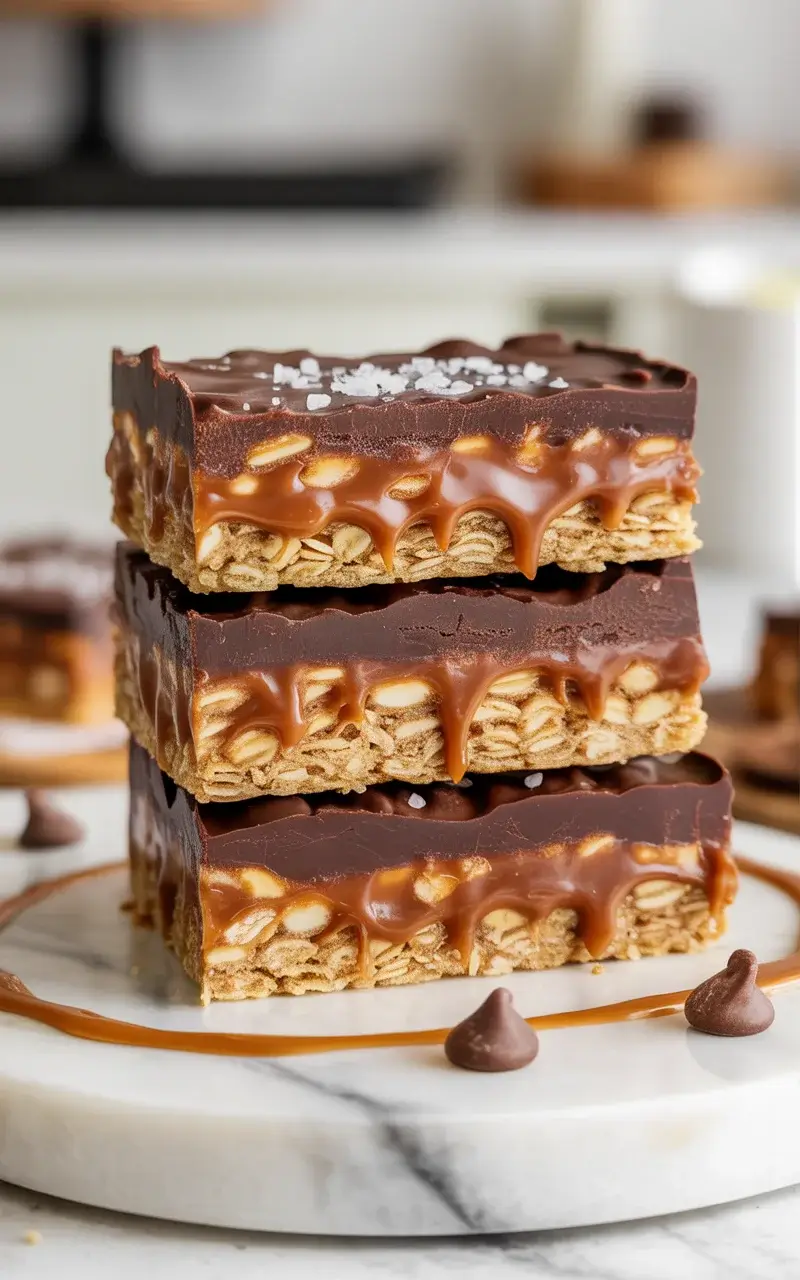 Gooey carmelitas bars stacked to show rich caramel and chocolate layers inside