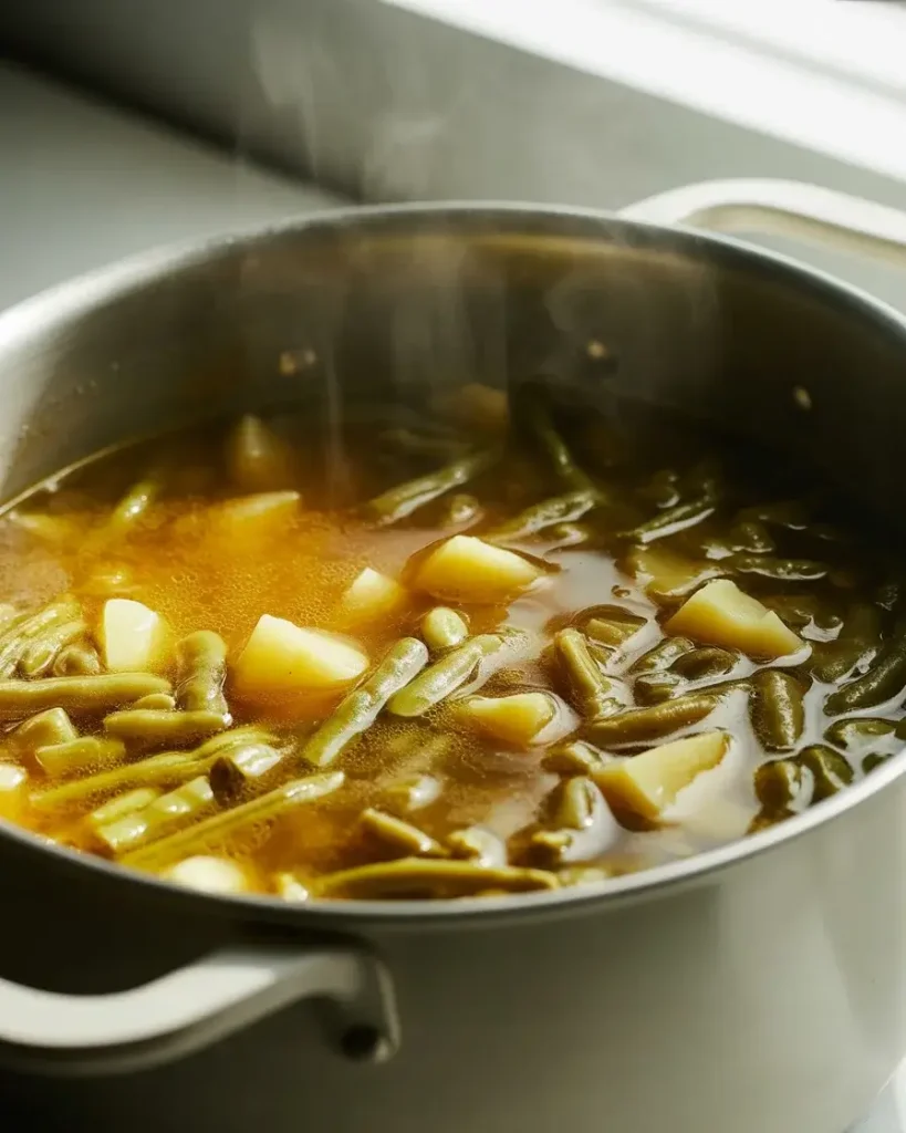 Green beans and potatoes simmering in golden broth with classic German savory seasoning