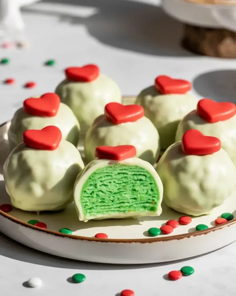 Grinch Oreo Delights with white chocolate coating, red candy hearts, and vibrant green filling inside