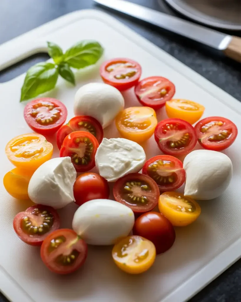 Halved cherry tomatoes and hand-torn mozzarella ready to layer into the salad
