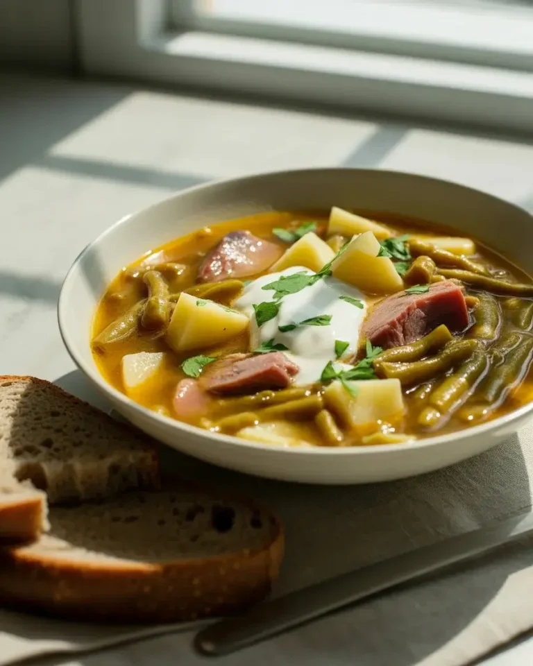 Hearty German green bean soup with smoked pork, potatoes, sour cream, and fresh parsley