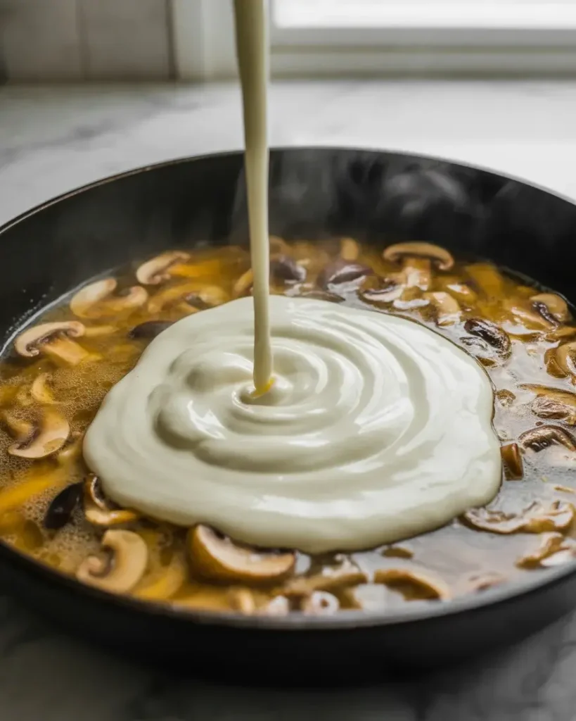 Heavy cream added to the skillet, beginning to form a rich, velvety pan sauce
