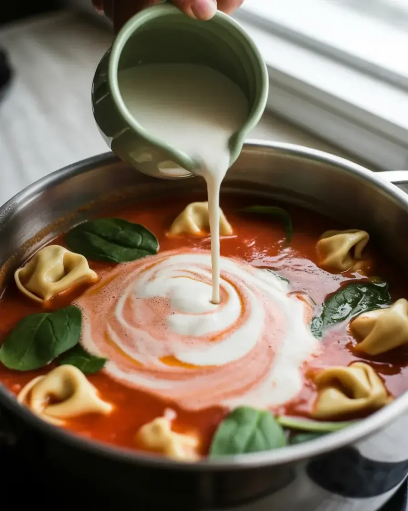 Heavy cream swirling into tomato broth, turning the soup into a velvety blush-toned base