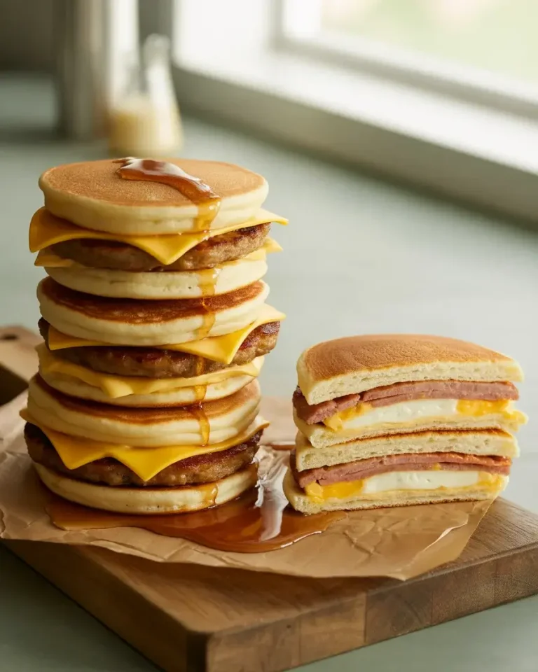 Homemade McGriddle breakfast sandwiches stacked golden with maple syrup drizzle
