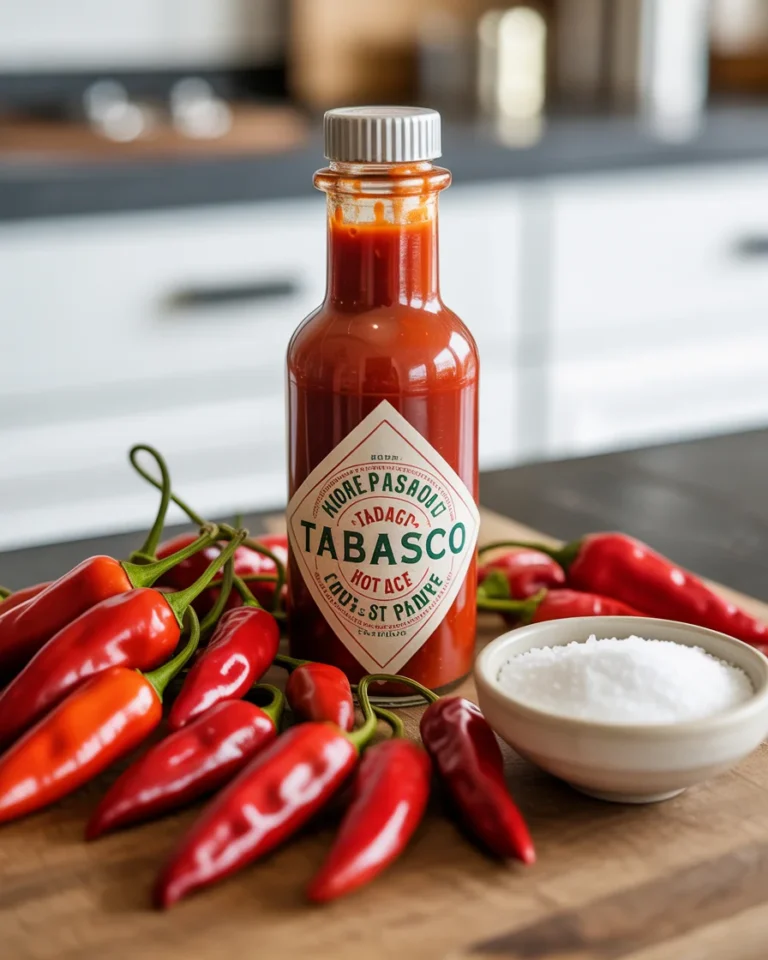 Homemade Tabasco hot sauce bottled fresh with vibrant red peppers and simple ingredients