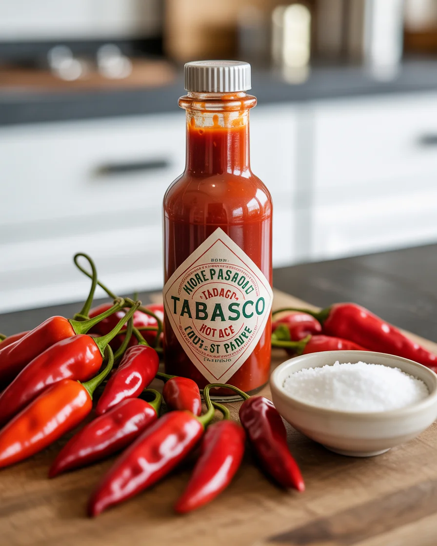 Homemade Tabasco hot sauce bottled fresh with vibrant red peppers and simple ingredients