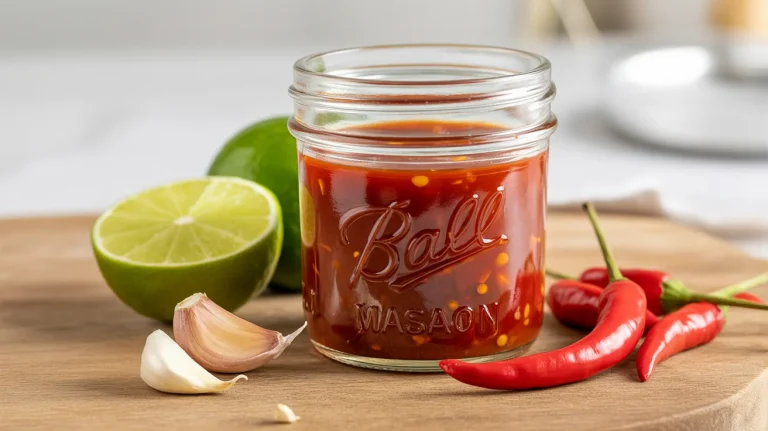 Homemade Thai chili hot sauce bottled fresh with bird's eye chilies, garlic, and lime