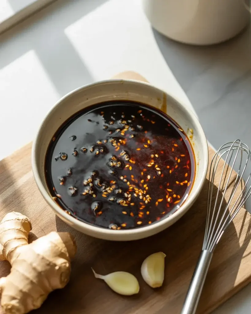 Homemade teriyaki marinade with garlic, ginger, and brown sugar whisked together