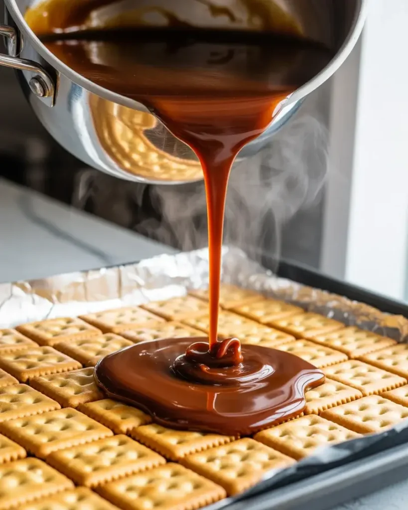 Hot caramel poured over crackers and spread quickly to the edges while still fluid