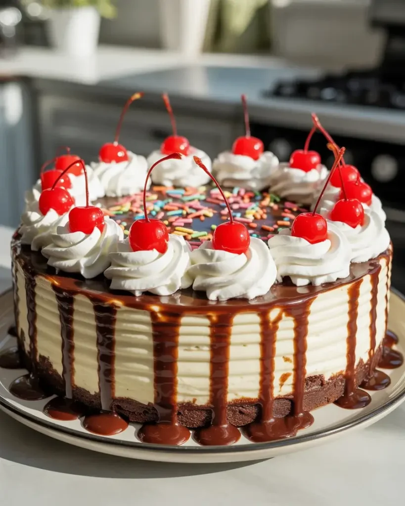 Hot fudge sundae brownie cheesecake topped with whipped cream, cherries, and fudge drizzle
