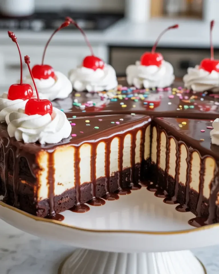 Hot fudge sundae brownie cheesecake with whipped cream, cherries, and drizzled fudge on a cake stand