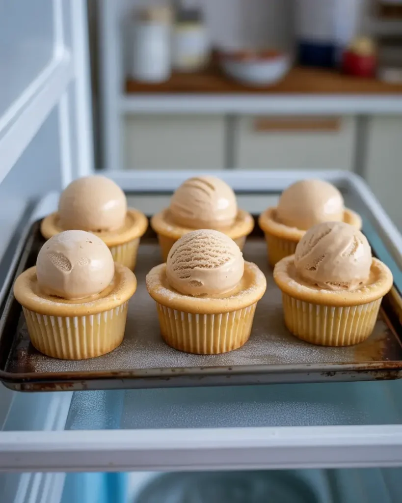  Ice cream cupcakes freezing solid on a flat tray before adding caramel drizzle