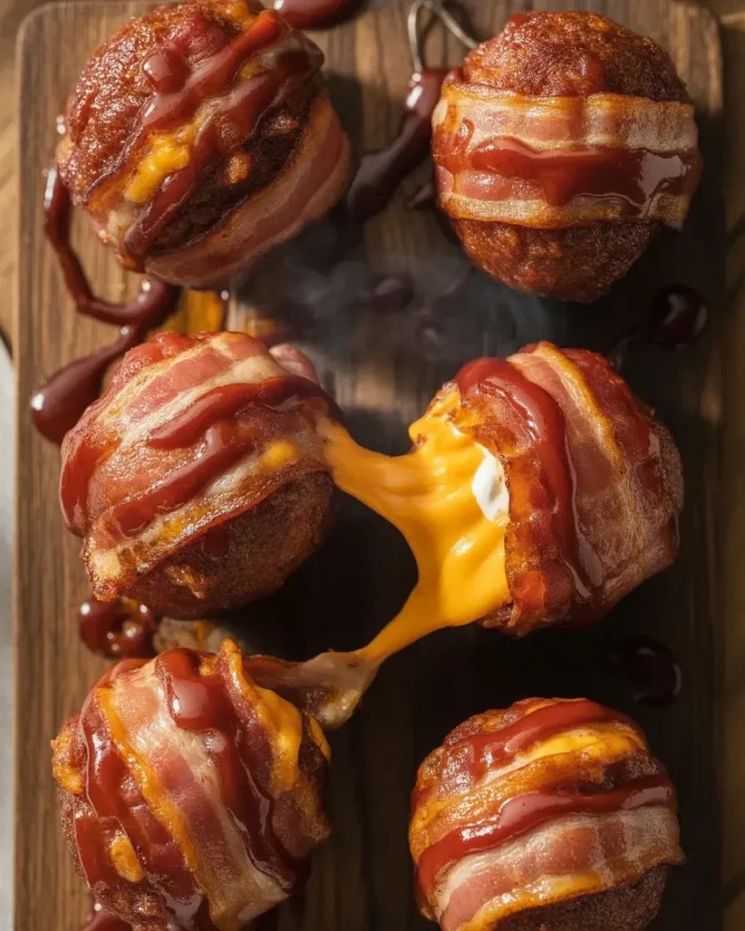 Juicy BBQ bacon bombs stuffed with melted cheddar and glazed to perfection.