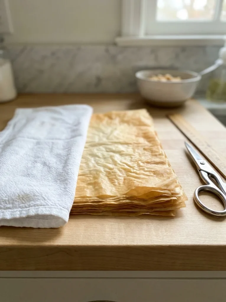 Keeping phyllo covered with a damp towel prevents cracking while you work