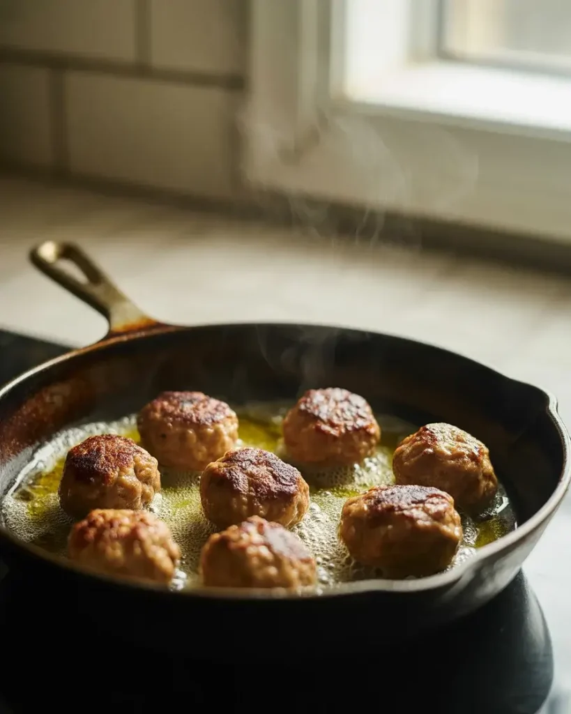 Lamb meatballs searing in cast iron until a deep golden crust forms on each side