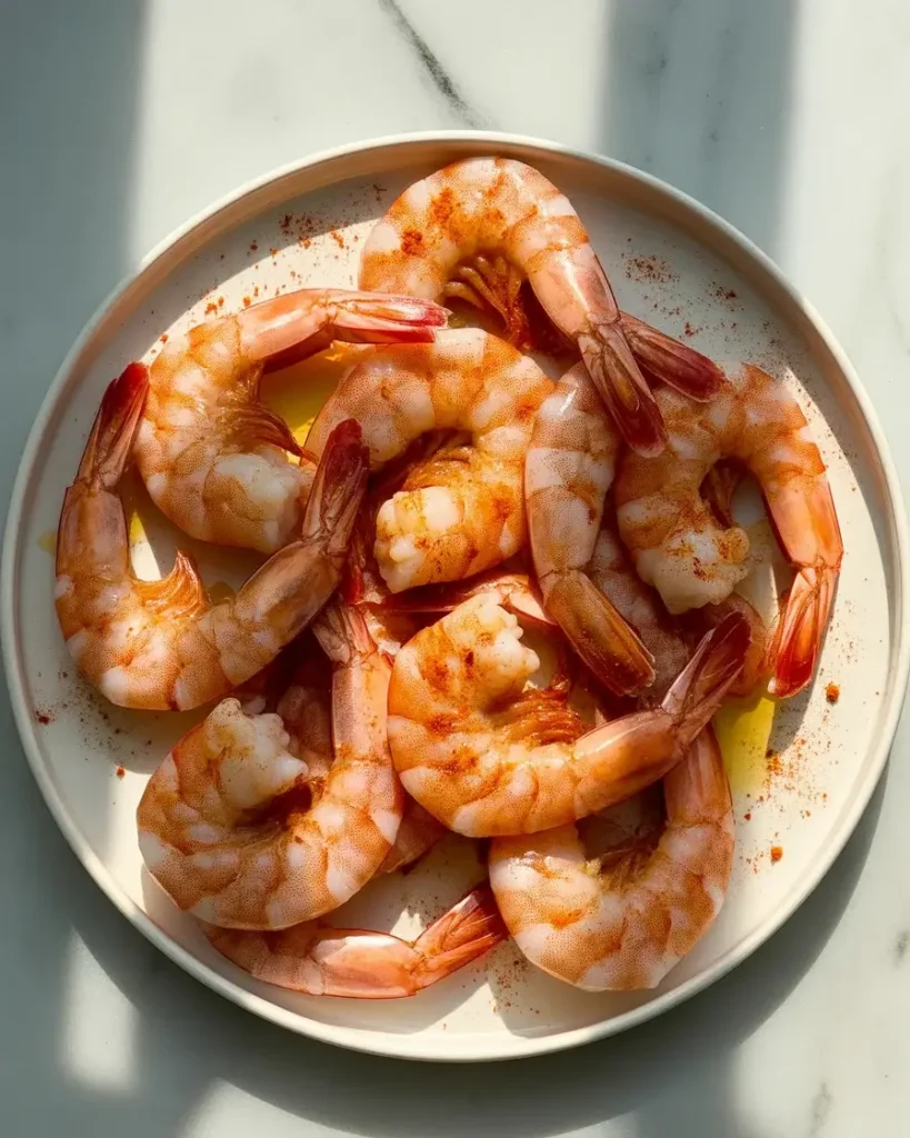 Large shrimp coated in smoky paprika and garlic seasoning before searing