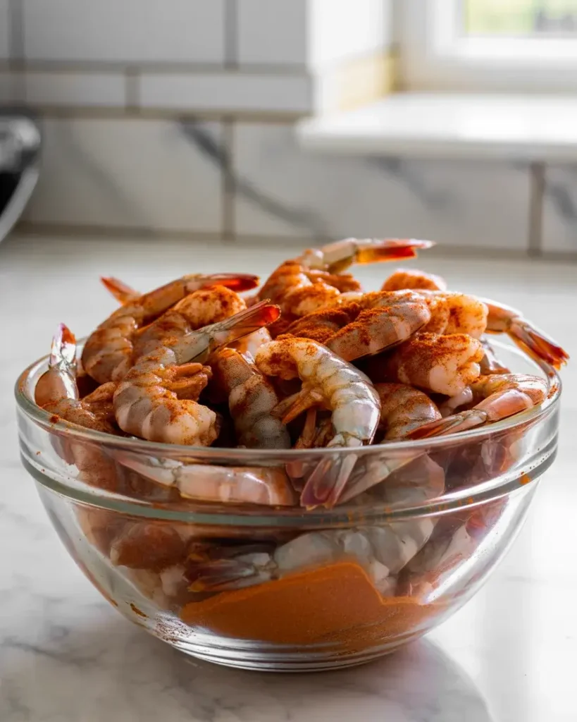 Large shrimp tossed in smoky chipotle spice blend, ready for the pan