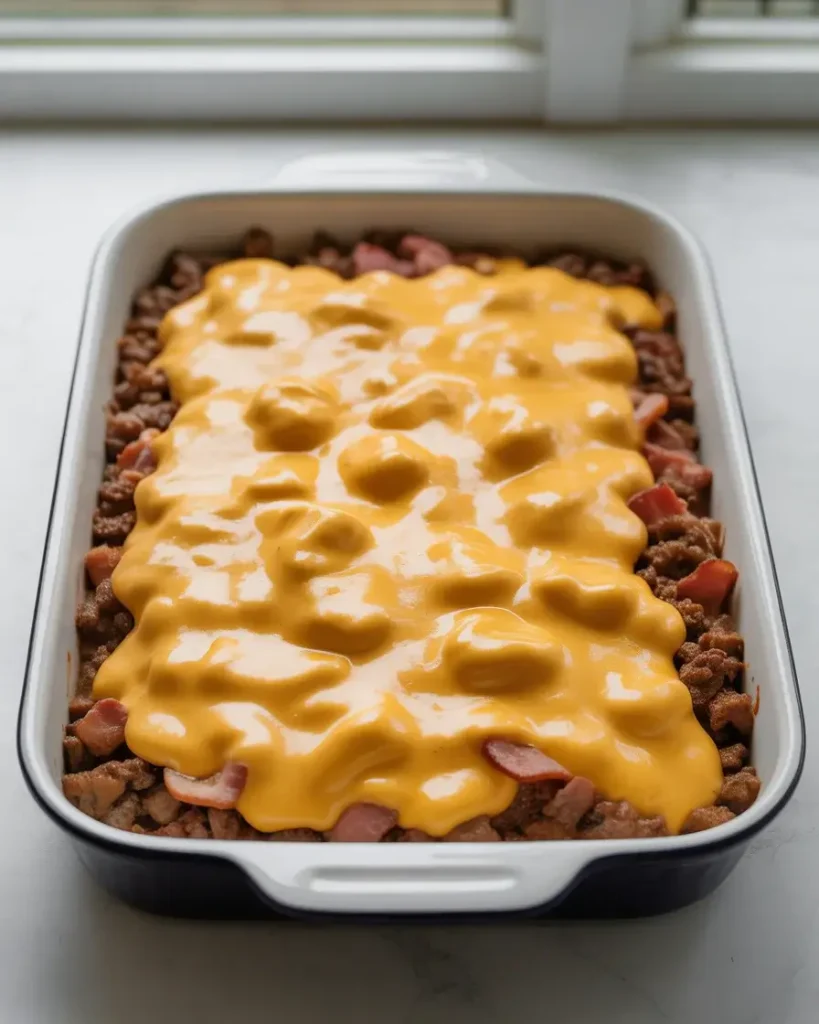 Layering cheese sauce over beef in the casserole dish before adding tots
