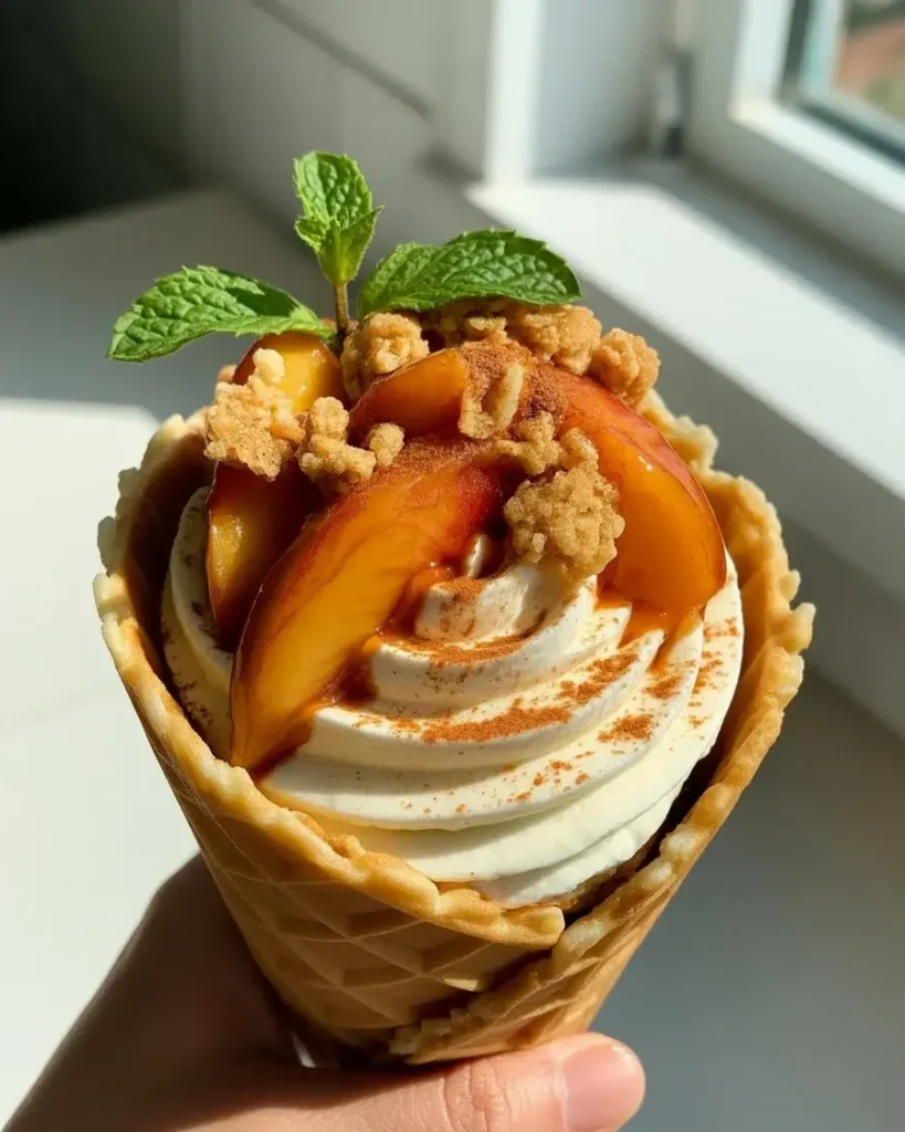 Layering crumble, cheesecake filling, and spiced peaches inside the cone