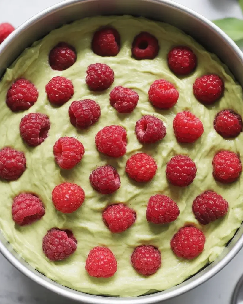  Layering fresh raspberries into pistachio batter before adding the final layer