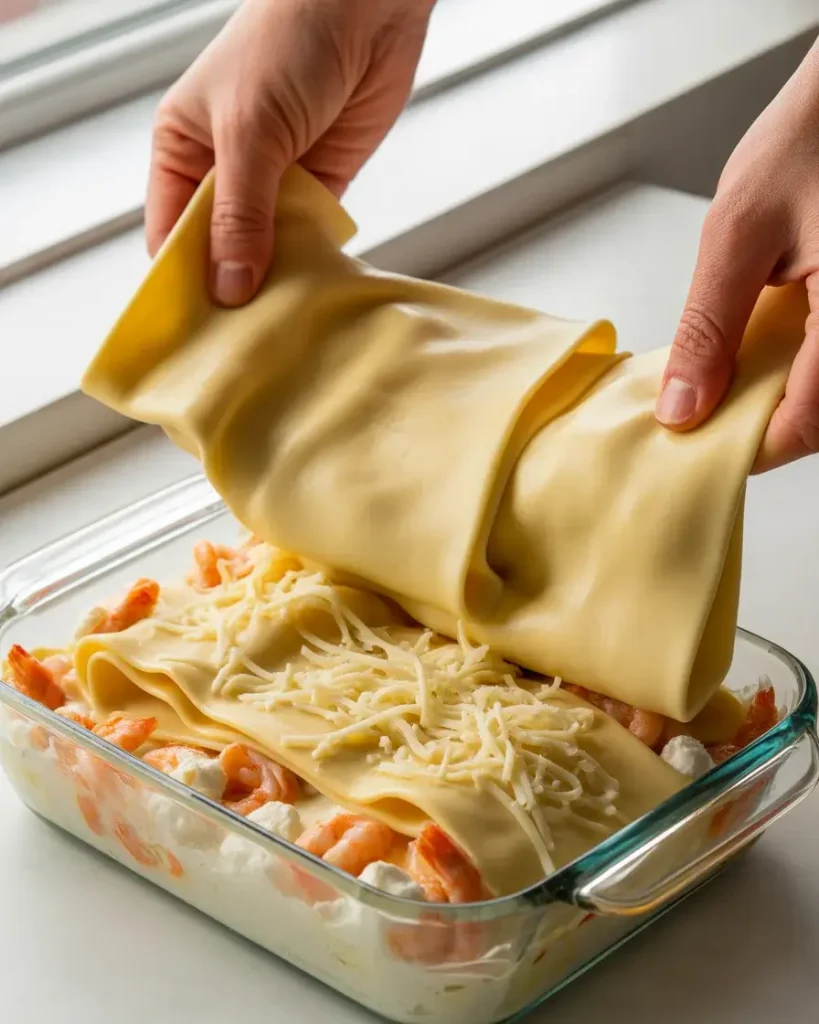Layering noodles, shrimp, ricotta, and scampi sauce in the baking dish