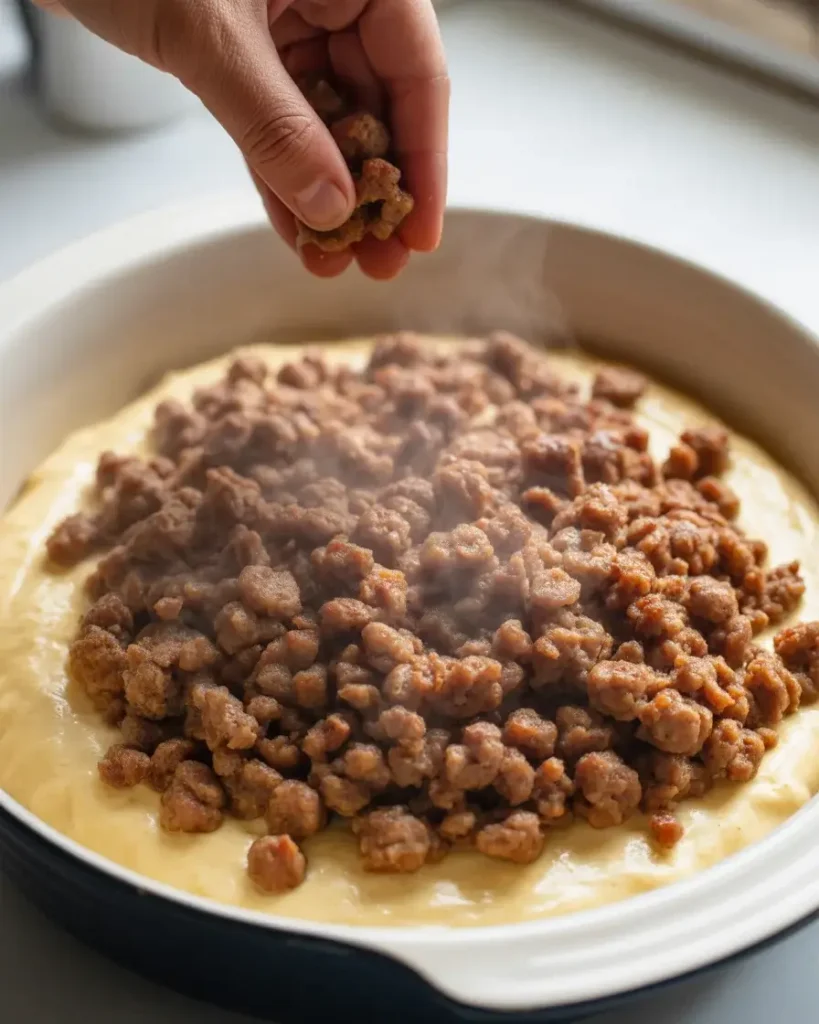Layering sausage evenly over the first batter layer for every bite to be perfect