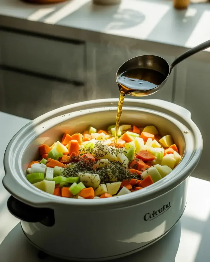  Layering vegetables and broth into the slow cooker before setting to low