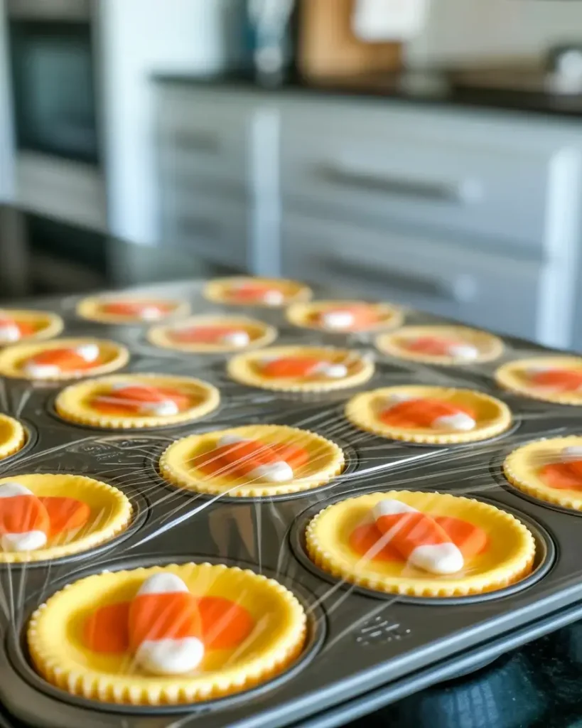 Layering yellow, orange, and white cheesecake filling to create the candy corn effect