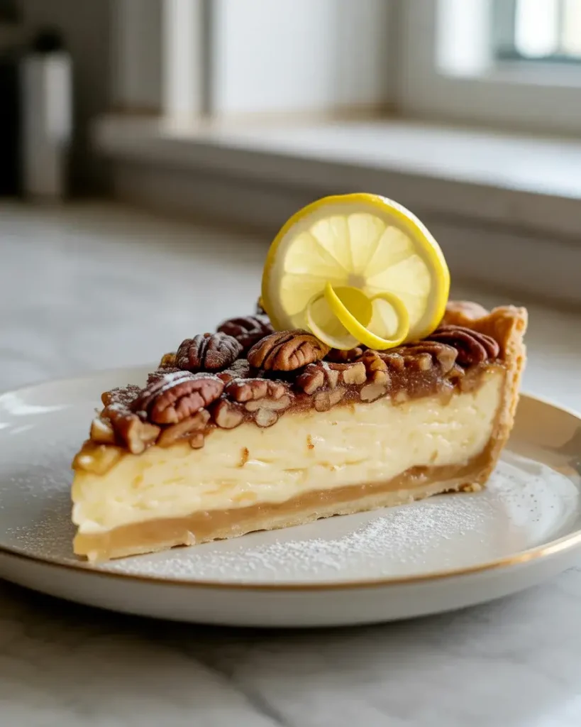 Lemon pecan whipped pie slice garnished with toasted pecans, lemon wheel, and powdered sugar