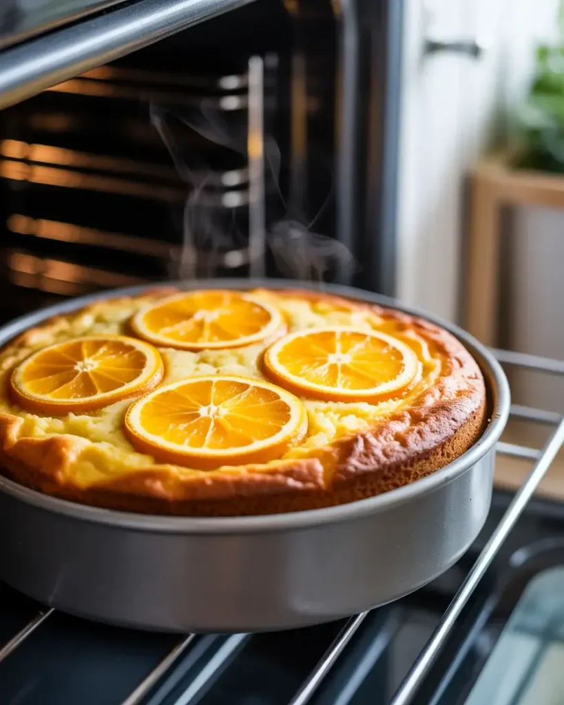 Lemon ricotta cake baking until golden with caramelized orange slices on top