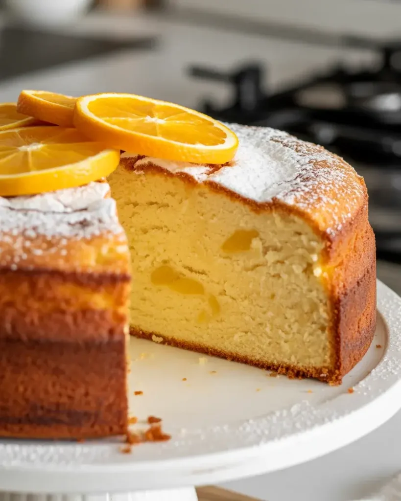 Lemon ricotta orange cake dusted with powdered sugar and sliced to reveal a moist, tender crumb