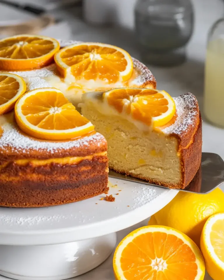Lemon ricotta orange cake dusted with powdered sugar and topped with caramelized orange slices