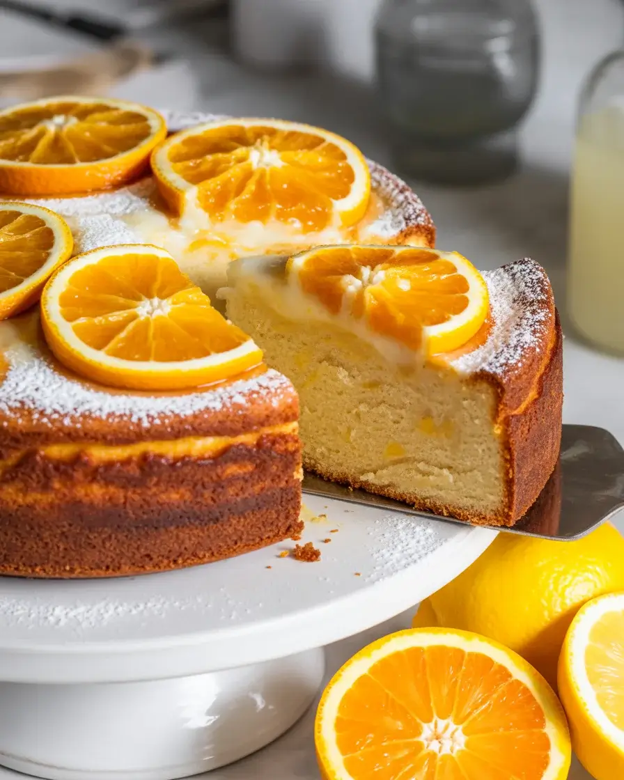 Lemon ricotta orange cake dusted with powdered sugar and topped with caramelized orange slices