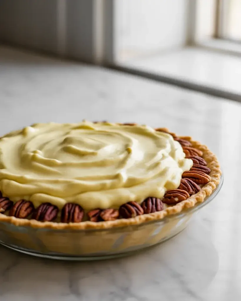 Lemon whipped filling poured into pecan crust, ready to chill overnight