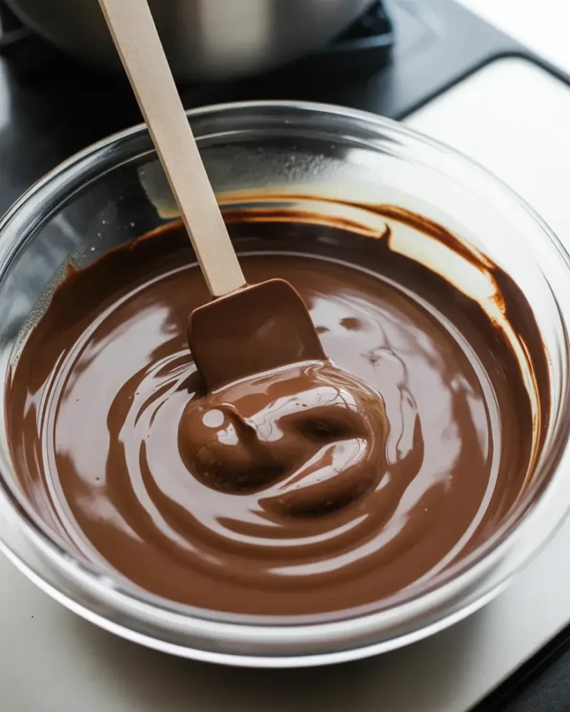 Melted dark chocolate and butter stirred into a smooth, glossy mixture ready for brownie batter