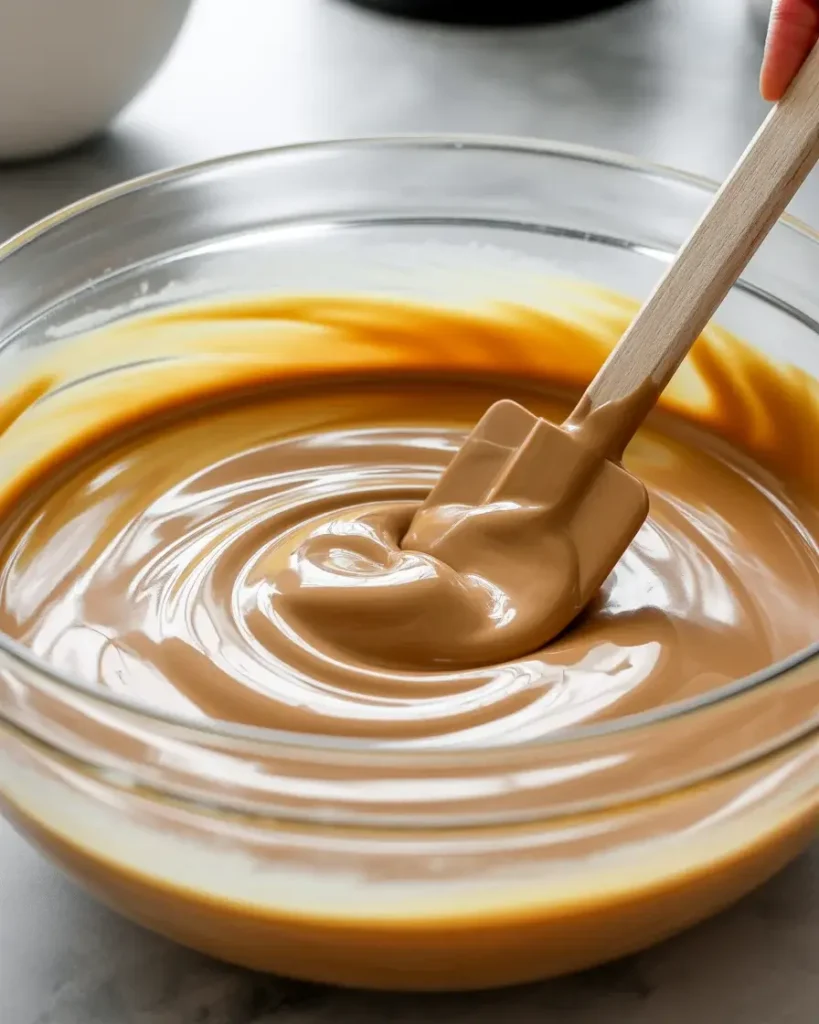 Melted white chocolate and butterscotch swirled together until smooth and glossy