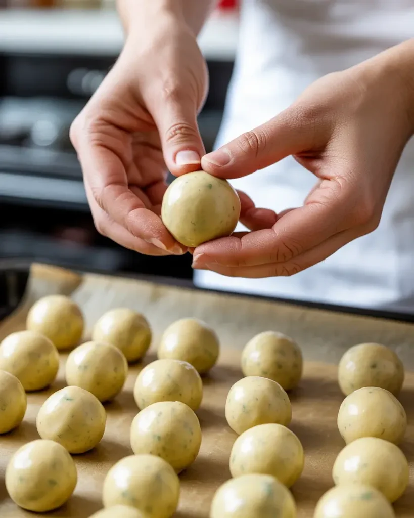 Rolling chilled dough into smooth 1.5-tablespoon balls for even, uniform truffles