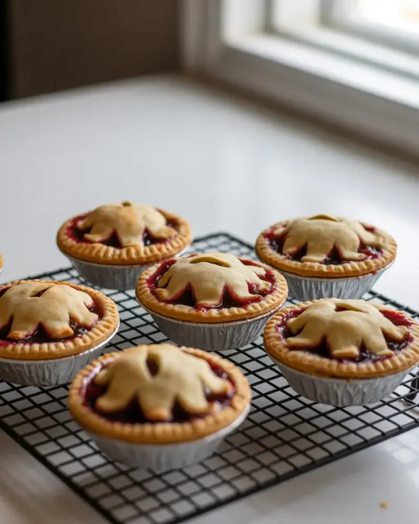 Mini cranberry pear pies cooling on a wire rack until filling sets perfectly