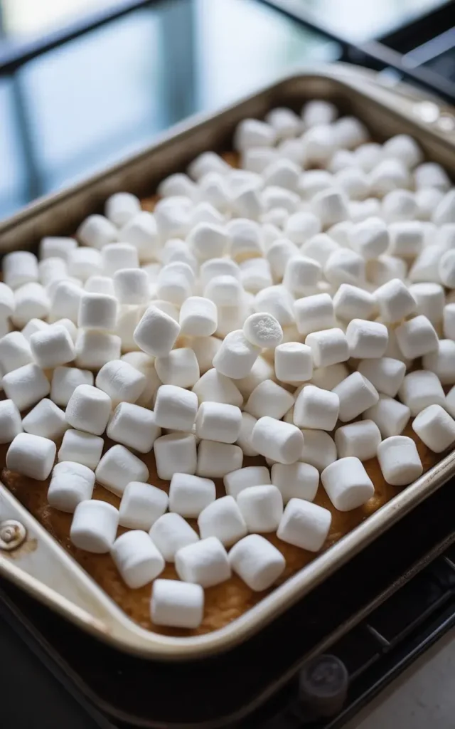 Mini marshmallows blanketing the brownie layer, beginning to puff and turn golden