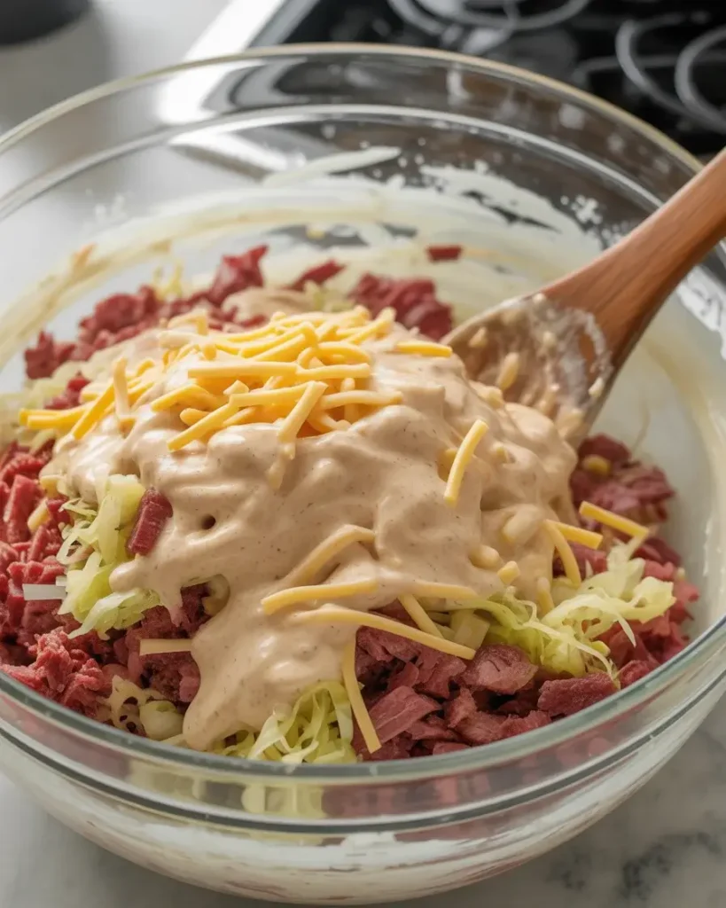 Mixing corned beef, sauerkraut, Swiss cheese, and Thousand Island dressing into the perfect Reuben filling