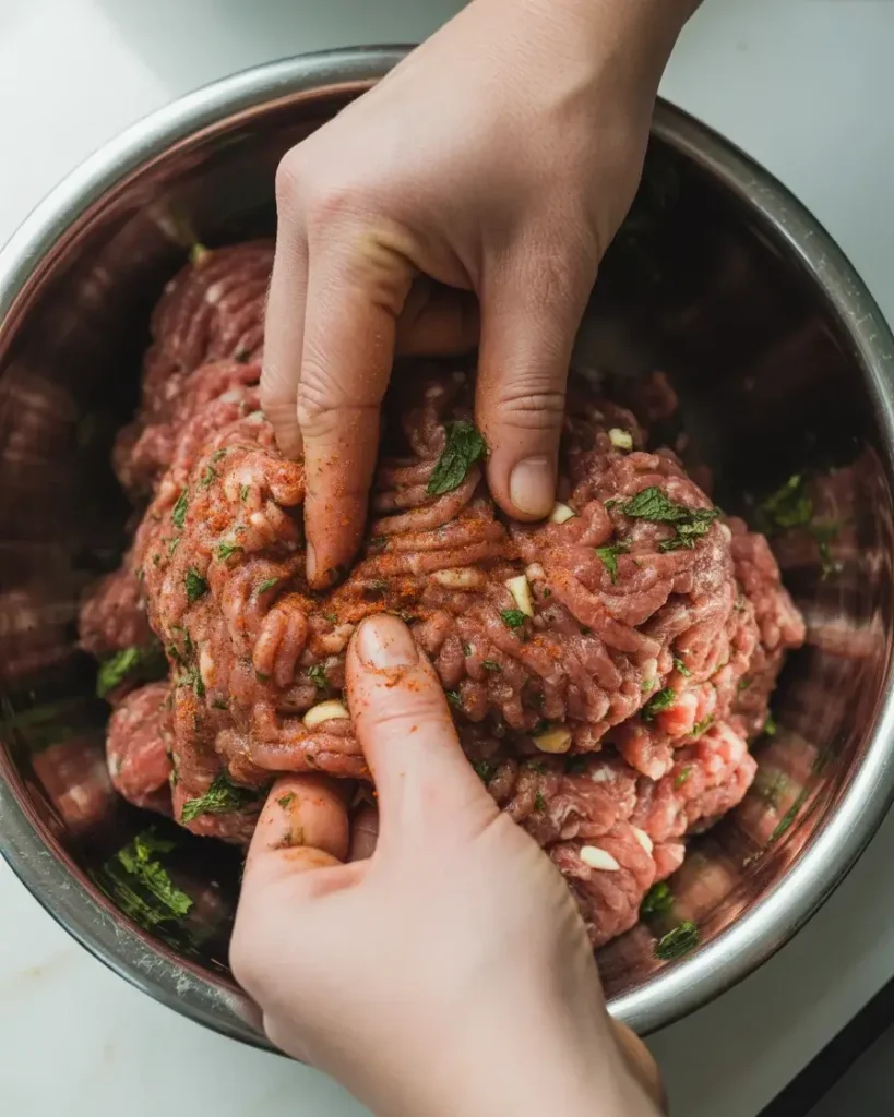 Mixing ground lamb with spices, garlic, and fresh mint just until combined