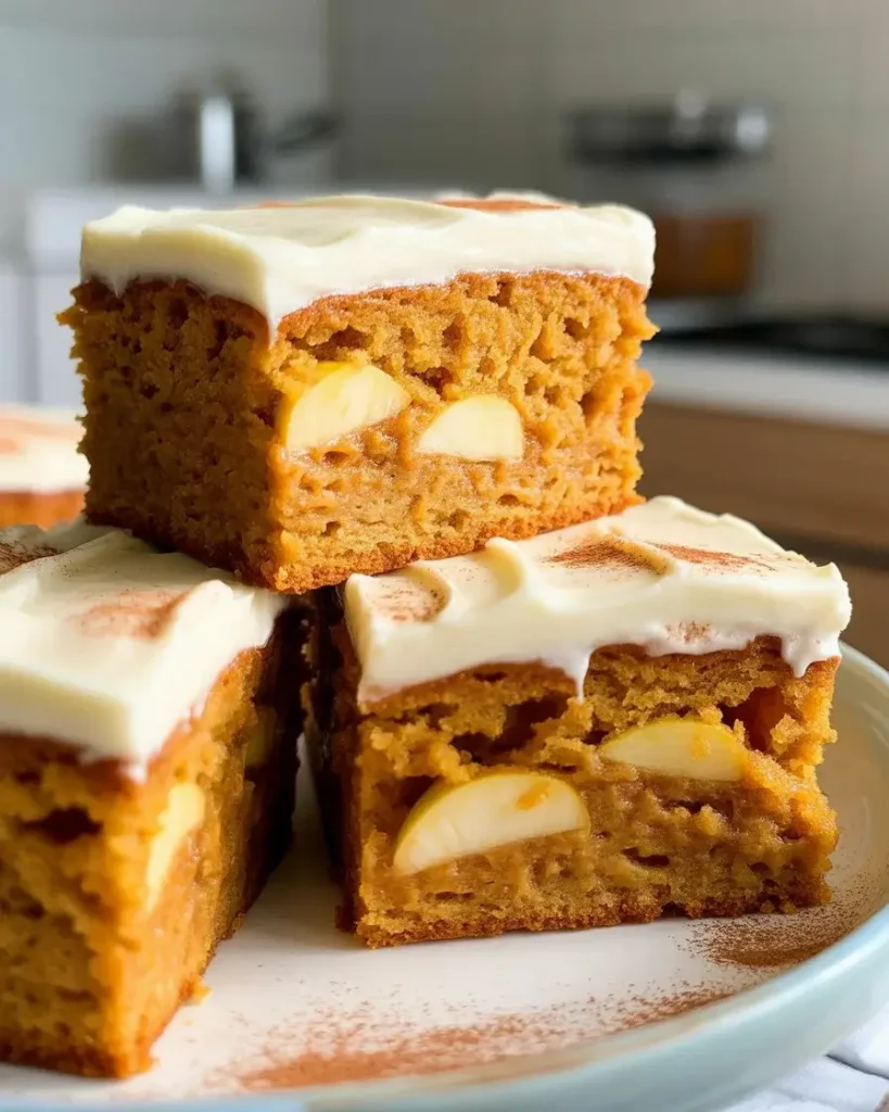 Moist autumn apple pumpkin cake slices with cream cheese frosting and a cinnamon dusting