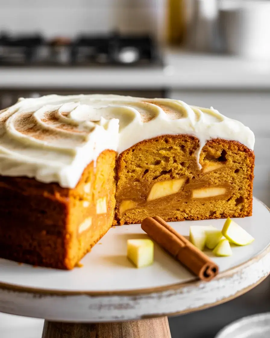 Moist autumn apple pumpkin cake with cream cheese frosting and a warm cinnamon dusting
